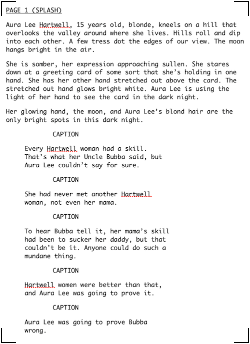 Page 1 from the Hartwell comic script